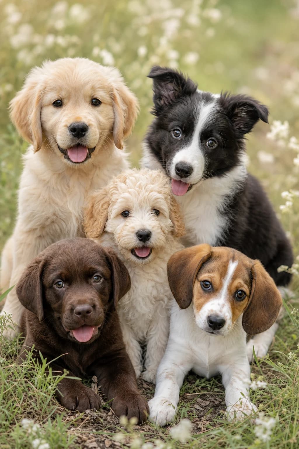 Five adorable puppies gathered together in a sunlit meadow